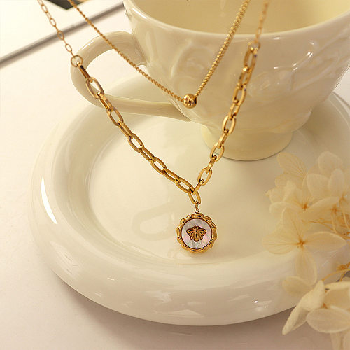 Fashionable White Sea Shell Bee Printed Pendant Double-Layer Necklace Female Earrings Jewelry Set