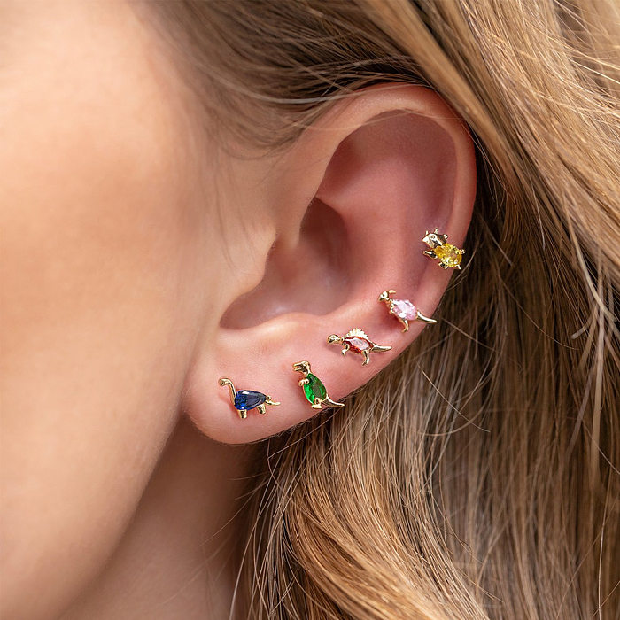 1 Pair Casual Dinosaur Copper Metal Inlay Zircon Ear Studs