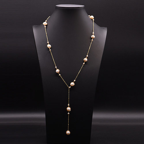 Elegant Geometric Copper Plating Inlay Pearl 18K Gold Plated Sweater Chain