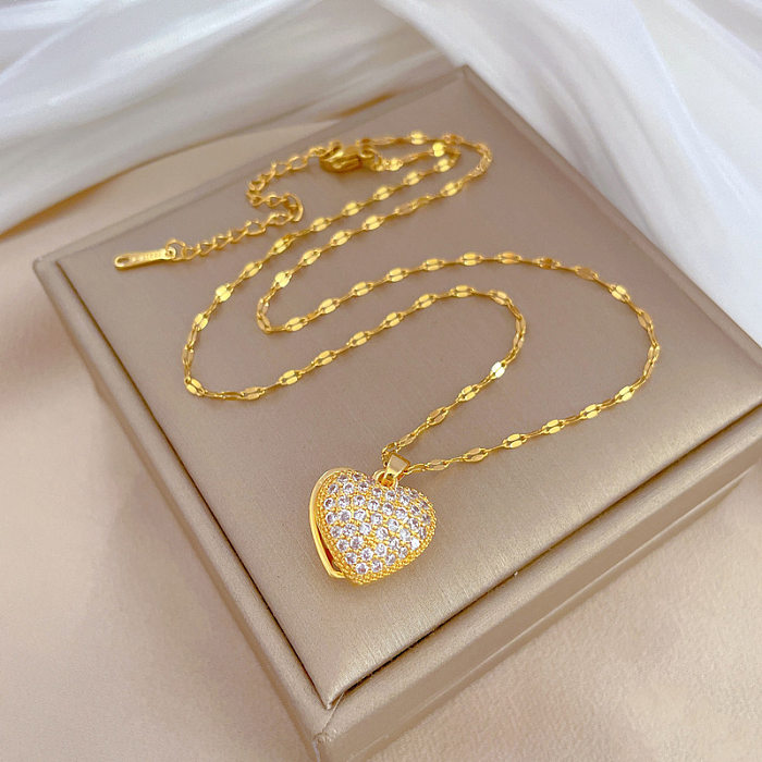 Sweet Heart Shape Titanium Steel Copper Inlay Artificial Pearls Zircon Pendant Necklace