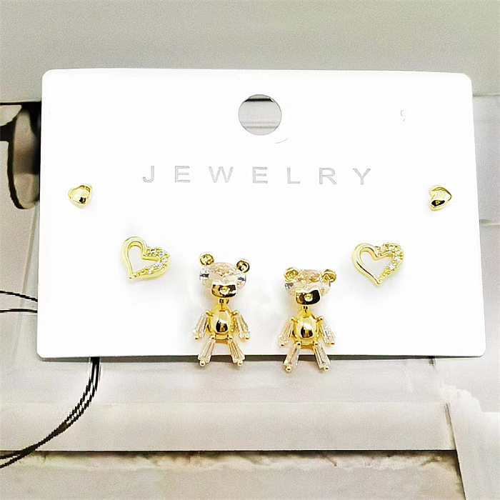 Basic Simple Style Bear Heart Shape Copper Plating Inlay Zircon Gold Plated Earrings