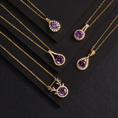 Lady Korean Style Geometric Square Heart Shape Copper Plating Inlay Zircon Pendant Necklace