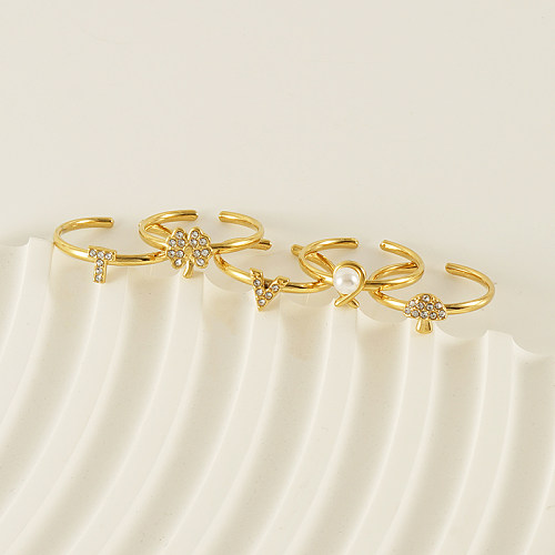 Atacado estilo simples trevo de quatro folhas carta cogumelo aço inoxidável 18K strass banhado a ouro anel aberto