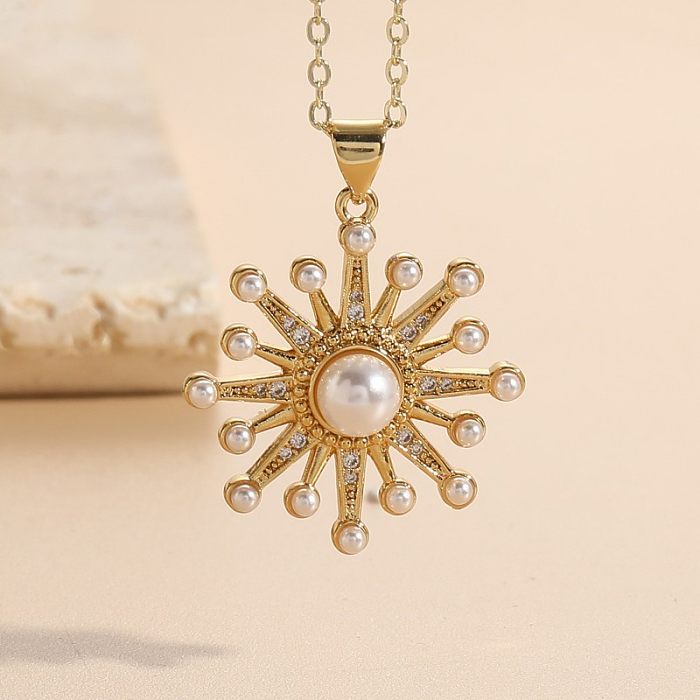 Elegant Modern Style Sun Star Moon Copper Plating Hollow Out Inlay Pearl Zircon 14K Gold Plated Pendant Necklace Long Necklace