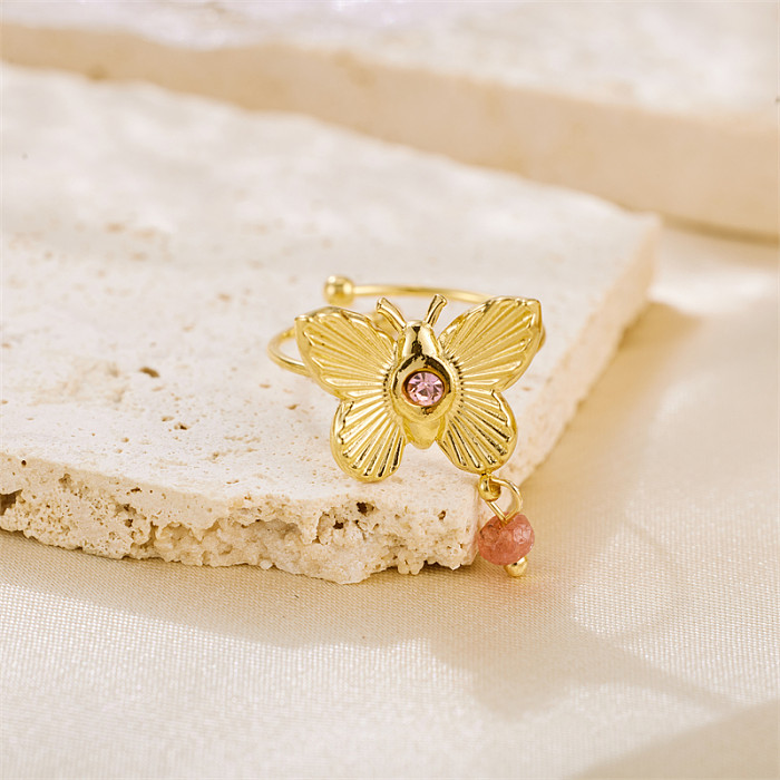 Strass embutidos de aço inoxidável com borboleta artística doce e anéis banhados a ouro 18K