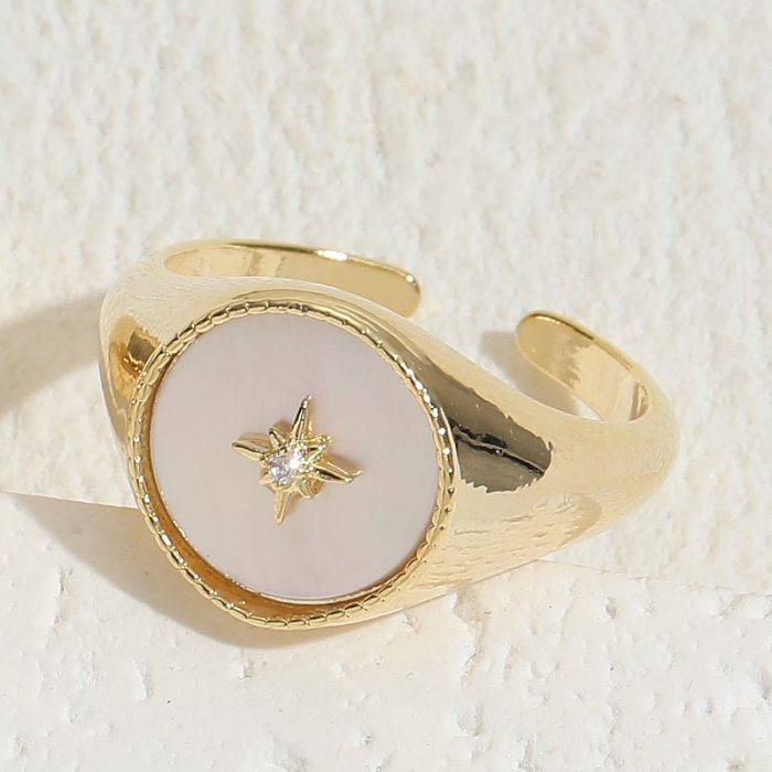 Elegant Luxurious Classic Style Round Star Copper Plating Inlay Shell Zircon 14K Gold Plated Open Ring