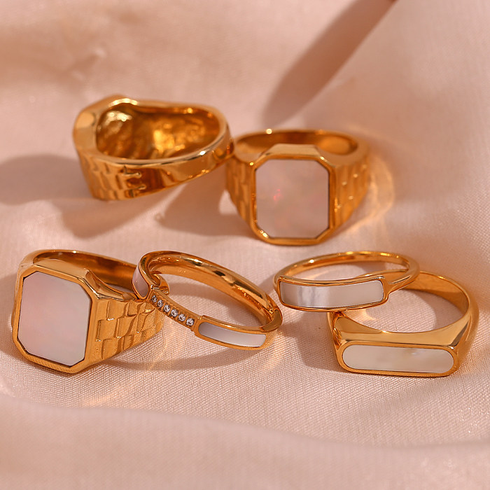 Geometrische Vintage-Stil-Edelstahl-Beschichtung, Intarsien, Strasssteine, Muschel, 18 Karat vergoldete Ringe