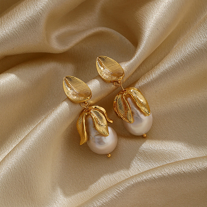 1 Pair Simple Style Leaf Plating Inlay Copper Pearl 18K Gold Plated Drop Earrings