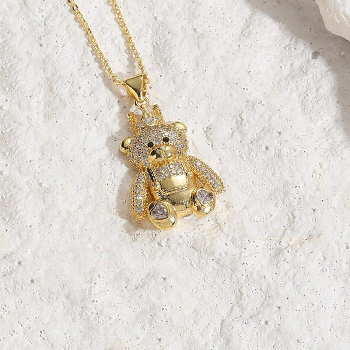 Cute Classic Style Bear Copper Plating Inlay Zircon 14K Gold Plated Pendant Necklace