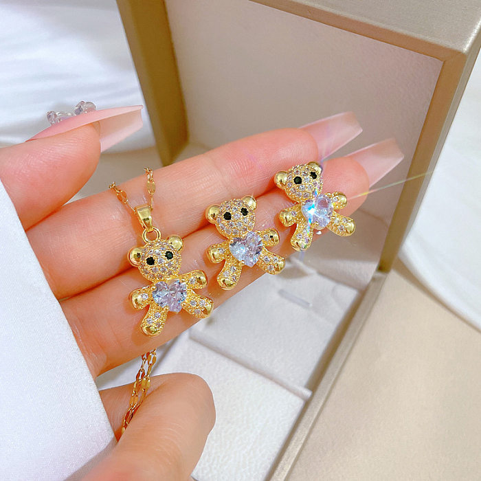 Simple Style Rabbit Copper Inlay Zircon Earrings Necklace