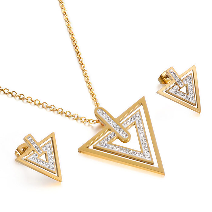Fashion Stainless Steel New Temperament Simple Geometric Triangle Zircon Pendant Earrings Two-piece Set