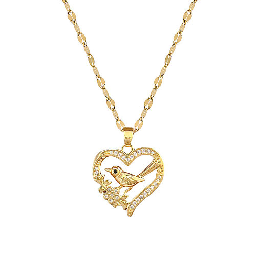Glam Heart Shape Bird Stainless Steel Copper Inlay Rhinestones Pendant Necklace
