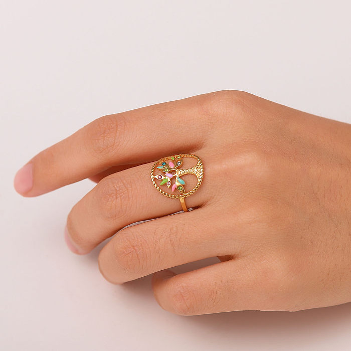 New Style 18K Gold Stainless Steel Oval Tree-Shaped Colorful Dripping Oil Ring