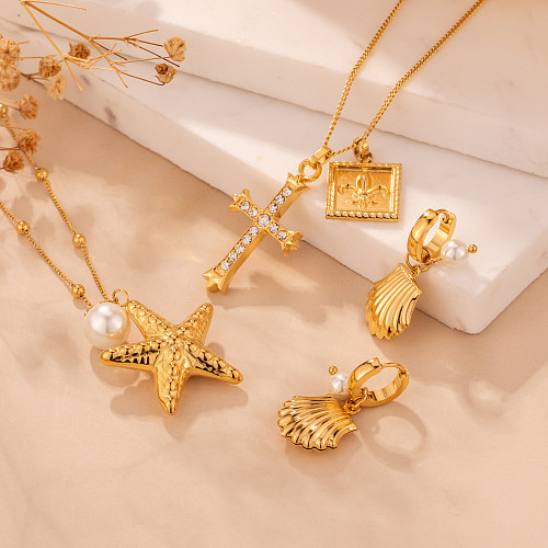 Luxueux brillant croix étoile coquille en acier inoxydable perle d'eau douce polissage placage incrustation Zircon plaqué or boucles d'oreilles collier