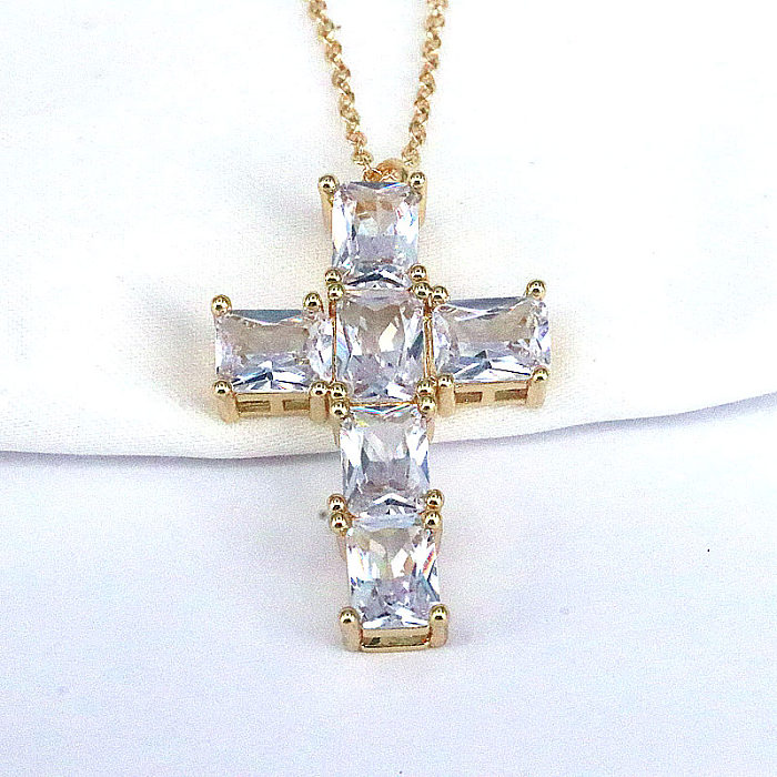 Fashion Cross Copper Gold Plated Inlay Zircon Pendant Necklace 1 Piece