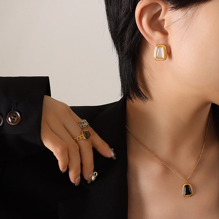 Boucles d'oreilles géométriques en titane et acier pour femmes, ensembles de bijoux incrustés d'opale
