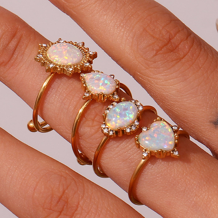 Simple Style Classic Style Sun Water Droplets Heart Shape Stainless Steel Plating Inlay Opal 18K Gold Plated Open Rings
