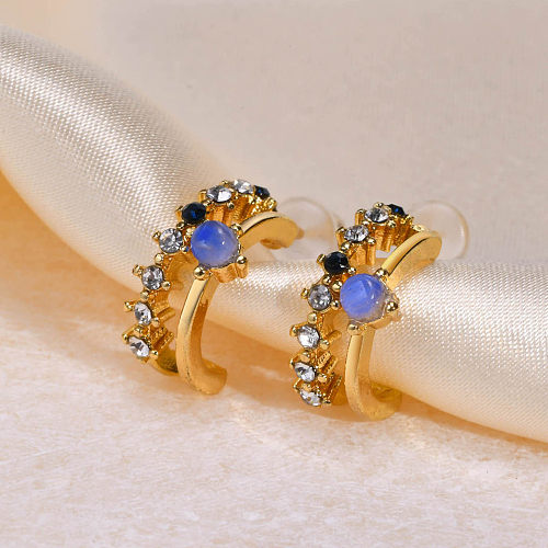 1 Pair Retro C Shape Plating Inlay Copper Opal Zircon 18K Gold Plated Ear Studs