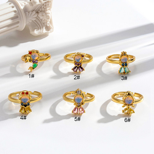 Cute Lady Mermaid Copper Plating Inlay Zircon 18K Gold Plated Open Rings