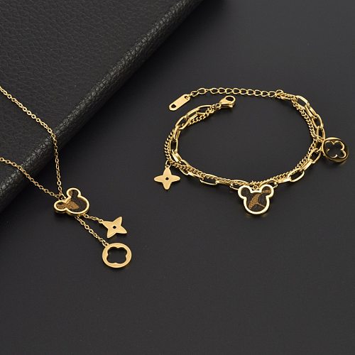 Classic Style Four-Leaf Flower Mickey Stainless Steel Titanium Steel Inlay 18K Gold Plated Bracelets Necklace