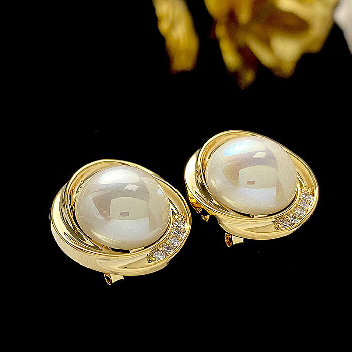 1 Pair Simple Style Round Inlay Copper Artificial Pearls Zircon Ear Studs