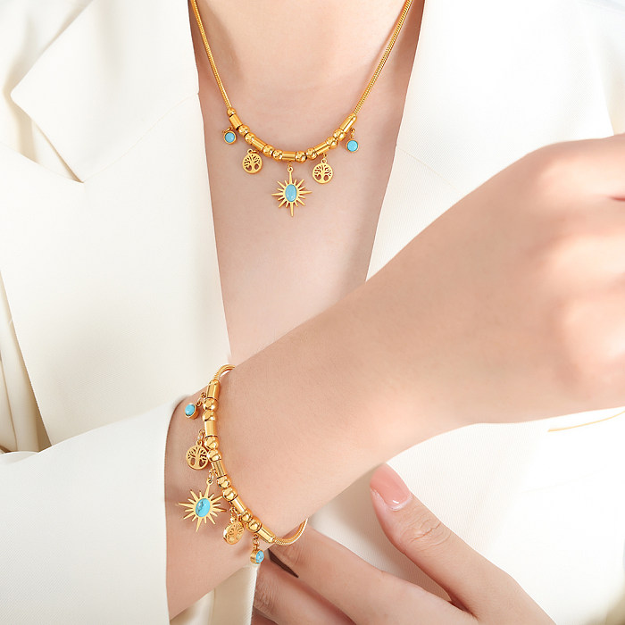 IG Style Commute Sun Tree Titanium Steel Plating Inlay Turquoise 18K Gold Plated Bracelets Necklace