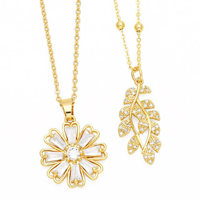 Elegant Lady Simple Style Leaves Flower Copper 18K Gold Plated Zircon Pendant Necklace In Bulk