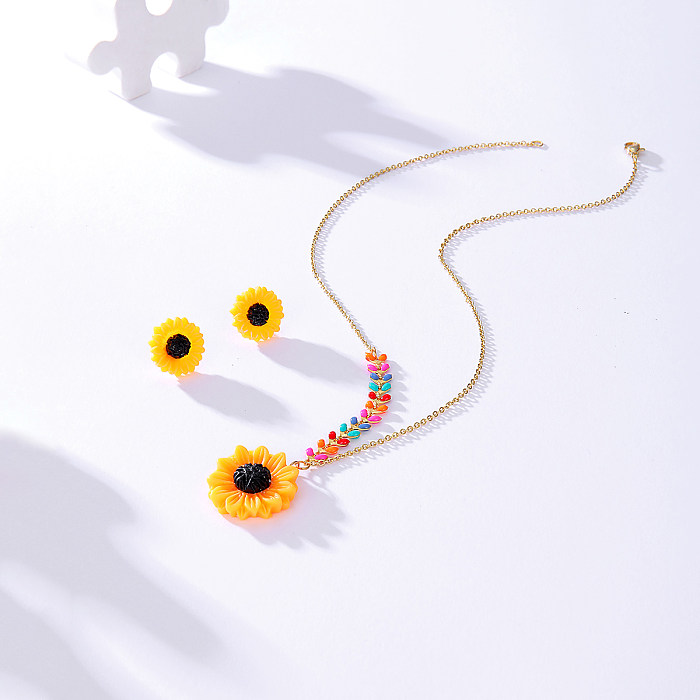 Einfacher Edelstahl 18K Gold Sonnenblume Ohrstecker Halskette Set