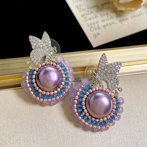 1 paire de clous d'oreilles en cuivre et cristal de Zircon, Style IG, fleur, papillon, incrustation de perles