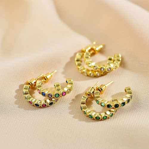 1 Pair Elegant C Shape Plating Inlay Copper Zircon Gold Plated Ear Studs