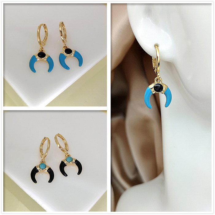 1 Pair Retro Moon Copper Plating Inlay Artificial Gemstones Gold Plated Drop Earrings