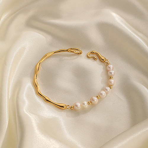 Bracelets plaqués or 18K de chaîne de placage de cuivre d'alliage de perle d'imitation ronde élégante