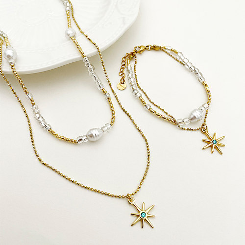 Glam Commute Star Stainless Steel Imitation Pearl Plating Inlay Zircon Gold Plated Bracelets Necklace