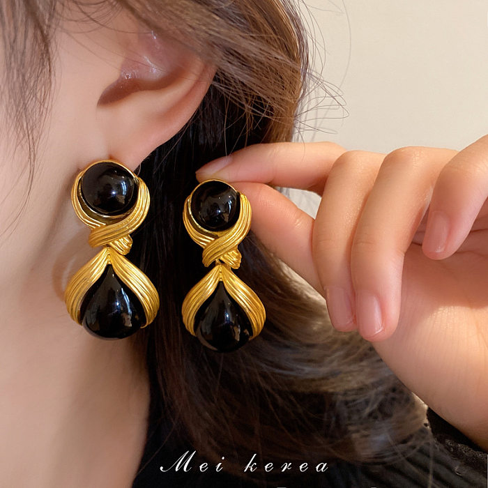 Boucles d'oreilles rétro géométriques en alliage de cuivre, incrustation de perles artificielles en acrylique, 1 paire