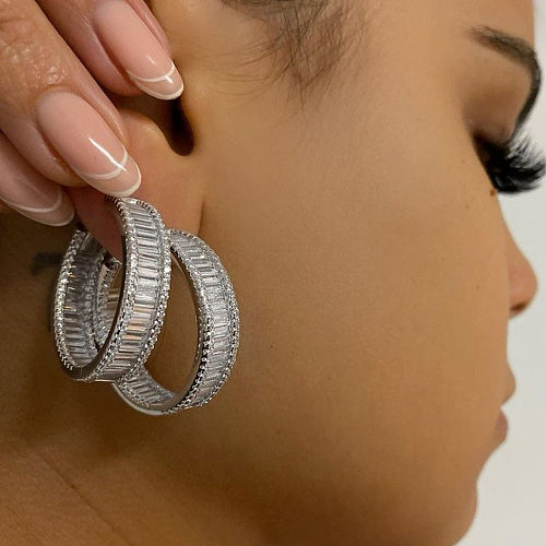 Boucles d'oreilles rondes en cuivre plaqué Zircon, Style Simple, 1 paire