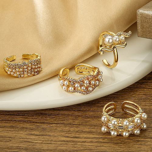 Bague ouverte plaquée or 18 carats en Zircon avec incrustation de cuivre géométrique élégante, perles artificielles