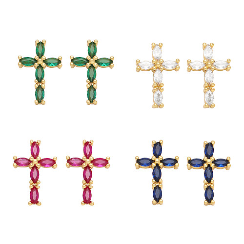 1 paire de clous d'oreilles plaqués or 18 carats, Style rétro Simple, croix en cuivre, incrustation de Zircon