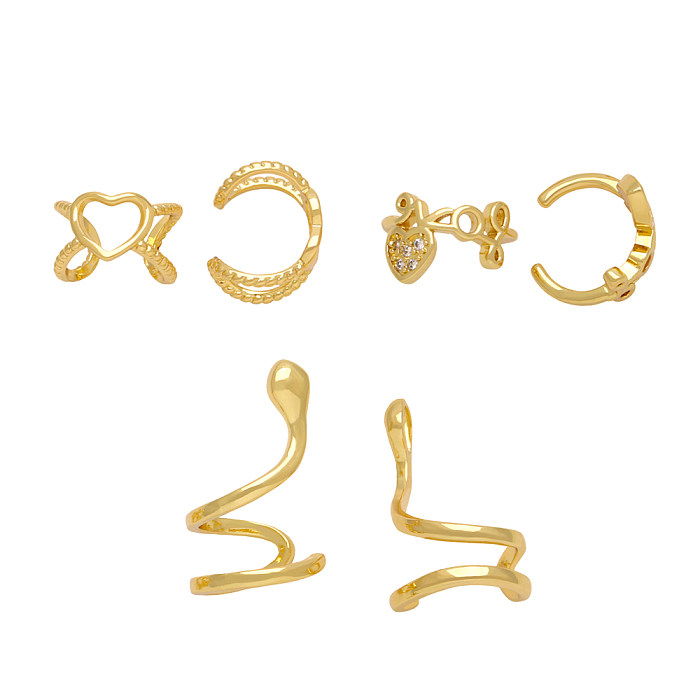 1 Pair Artistic Heart Shape Snake Plating Inlay Copper Zircon 18K Gold Plated Ear Clips