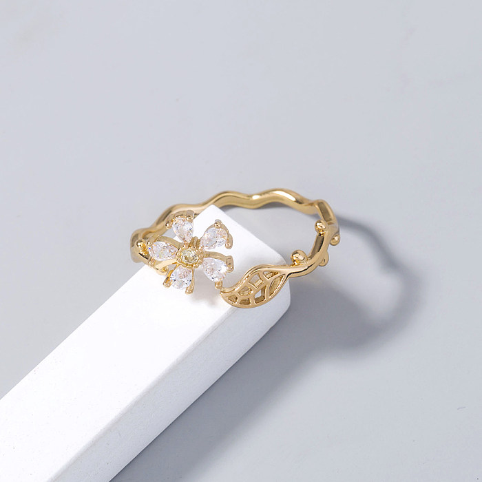 1 Piece Fashion Four Leaf Clover Flower Copper Inlay Zircon Open Ring