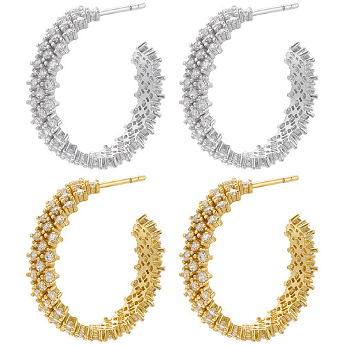 1 Paar lässige, elegante, glamouröse C-förmige, plattierte Ohrringe aus Kupfer mit Zirkon und 18 Karat Gold