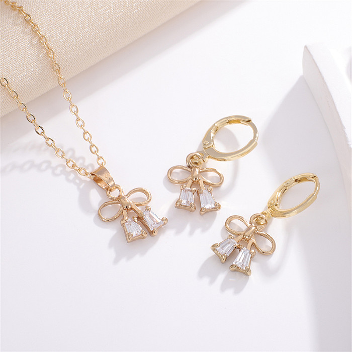 Casual Sweet Simple Style Bow Knot Copper Inlay Zircon Earrings Necklace