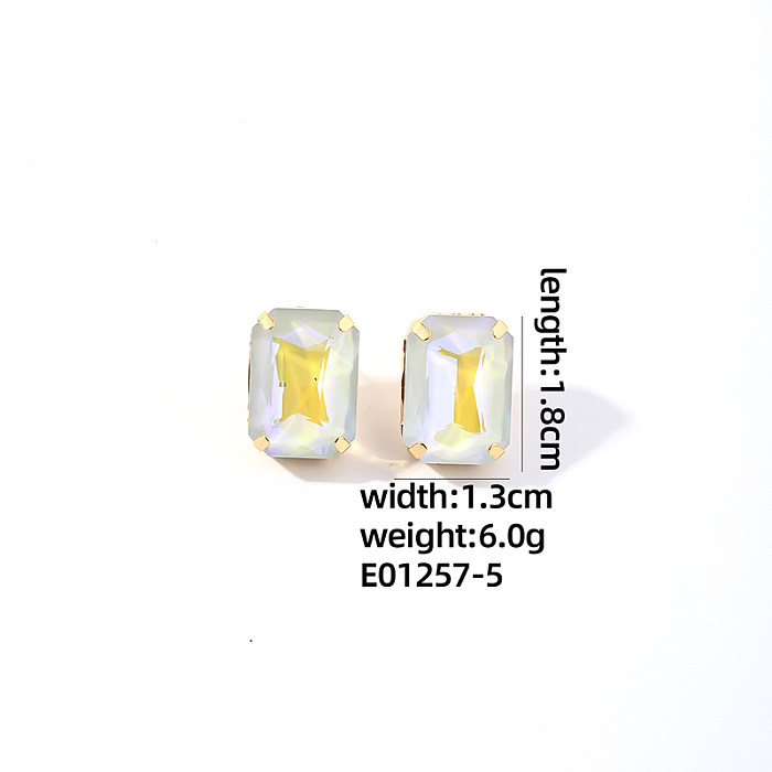 1 paire de clous d'oreilles plaqués or, Style IG Simple, incrustation rectangulaire en verre de cuivre et or