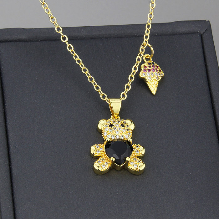 New Diamond Bear Pendant Korean Cute Teddy Bear Ice Cream Combination Copper Necklace Wholesale