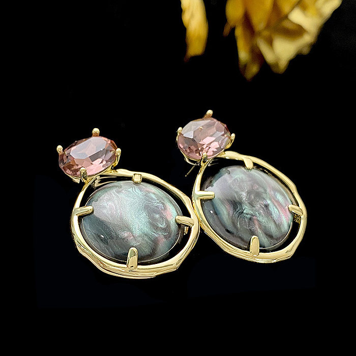 1 Pair Casual Simple Style Round Plating Inlay Copper Crystal Shell Drop Earrings