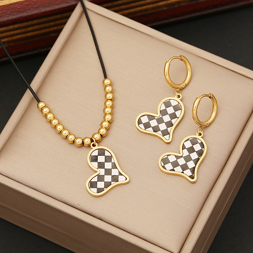 Fashion Lattice Heart Shape Stainless Steel Beaded Plating Bracelets Earrings Necklace