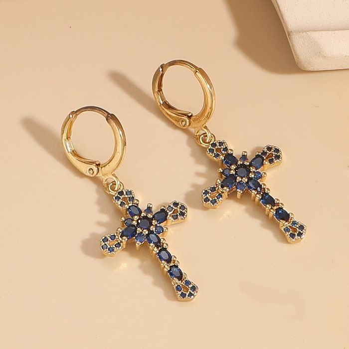 1 Pair Classic Style Cross Copper Inlay Zircon 14K Gold Plated Drop Earrings