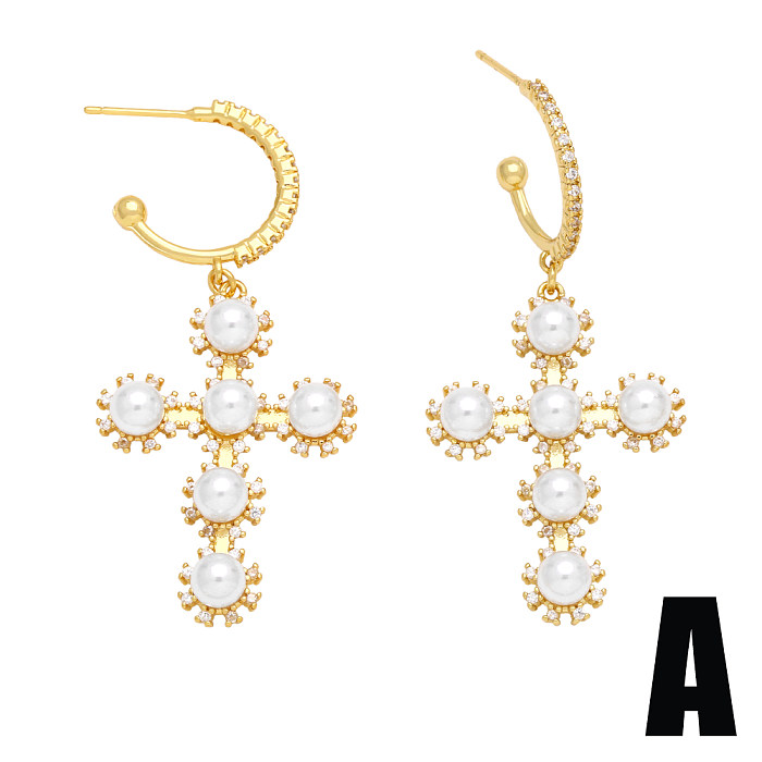 1 Pair Elegant Exaggerated C Shape Cross Copper Plating Inlay Artificial Pearls Zircon 18K Gold Plated Earrings