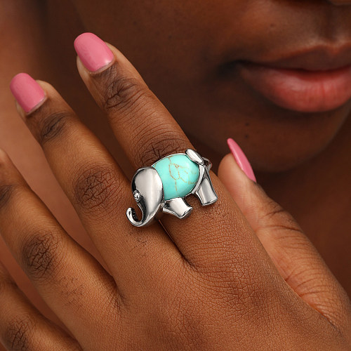 1 Piece Cute Elephant Stainless Steel Inlaid Turquoise Open Ring