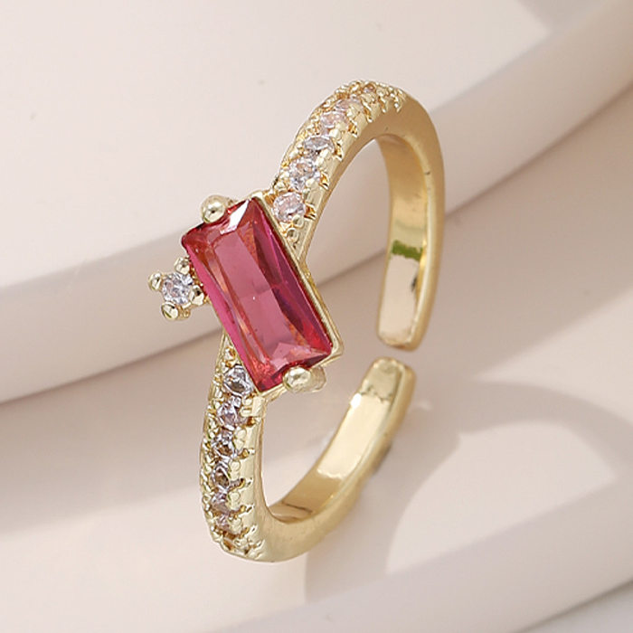 Simple Style Shiny Rectangle Copper Plating Inlay Zircon Gold Plated Open Ring