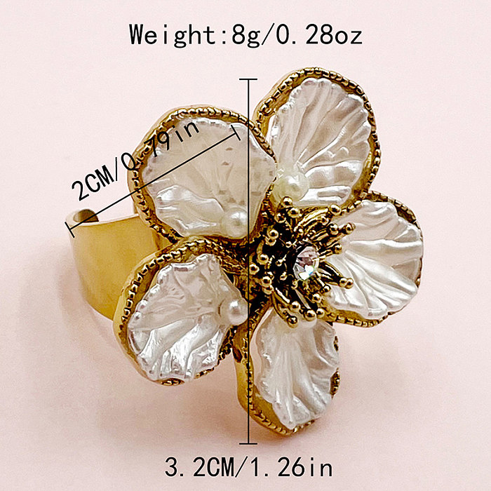 Vintage Style Flower Stainless Steel Plating Inlay Zircon Gold Plated Rings